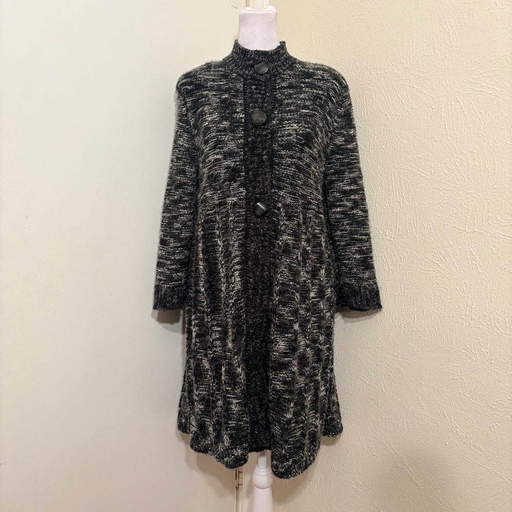 Kaktus Dark Gray Black Knit Longline Cardigan Sweater Mock Neck Button Front M
